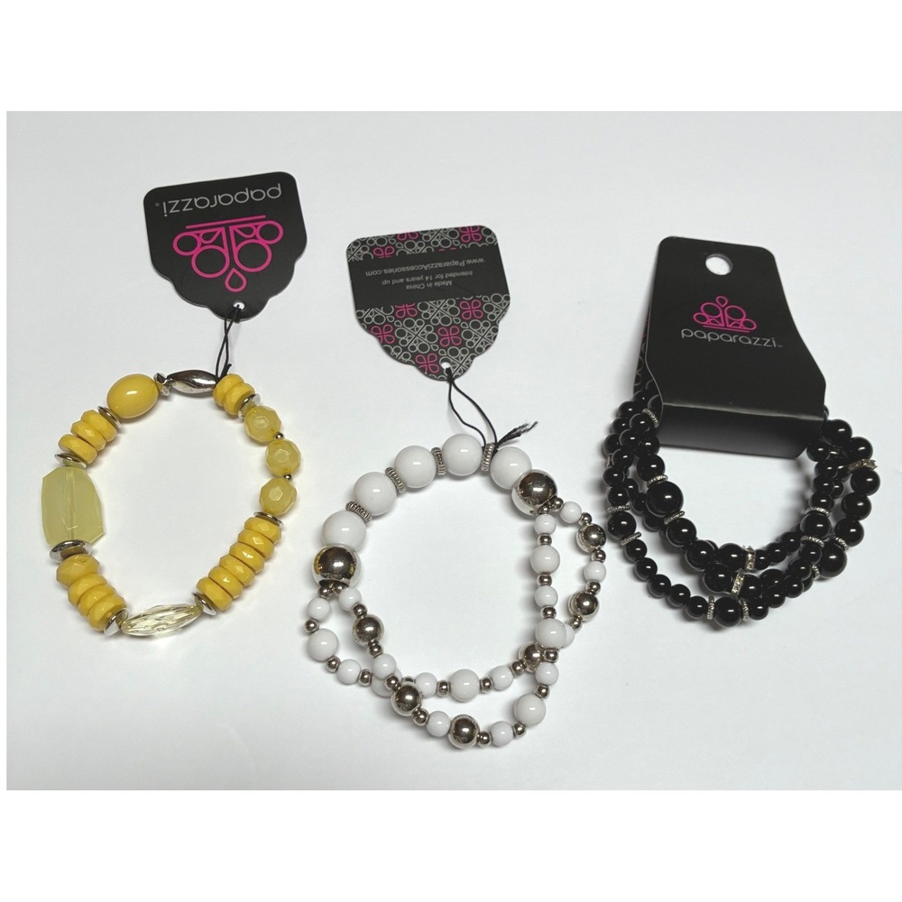 Paparazzi Stretch Bracelet Bundle Yellow White Black Beaded Jewelry Set 3pc NWT